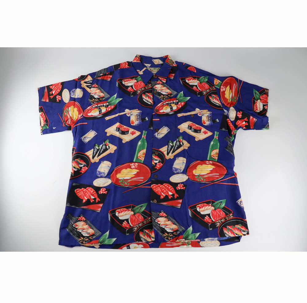 Tori Richard Hawaiian Collared Shirt XL Vintage Sushi Nigiri Beer Chopsticks